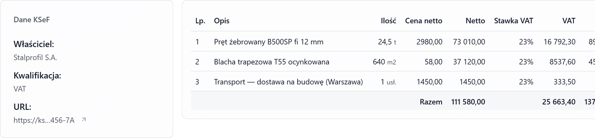 Pozycje faktury pobrane z KSeF